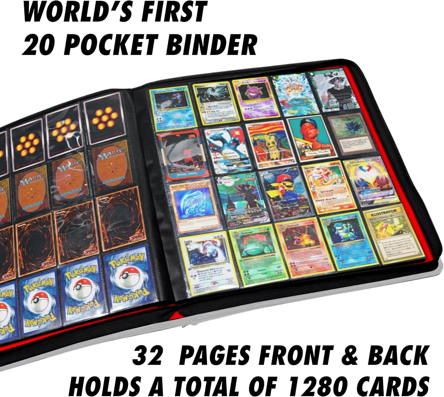 1280+ Cards 20 Pocket Card Binder Collector Card Album - Pages Compatible with Pokemon Cards, Sports Cards, Yugioh, MTG and Other TCG - Trading Card Sleeve with Side Loading Pockets (White/Red)